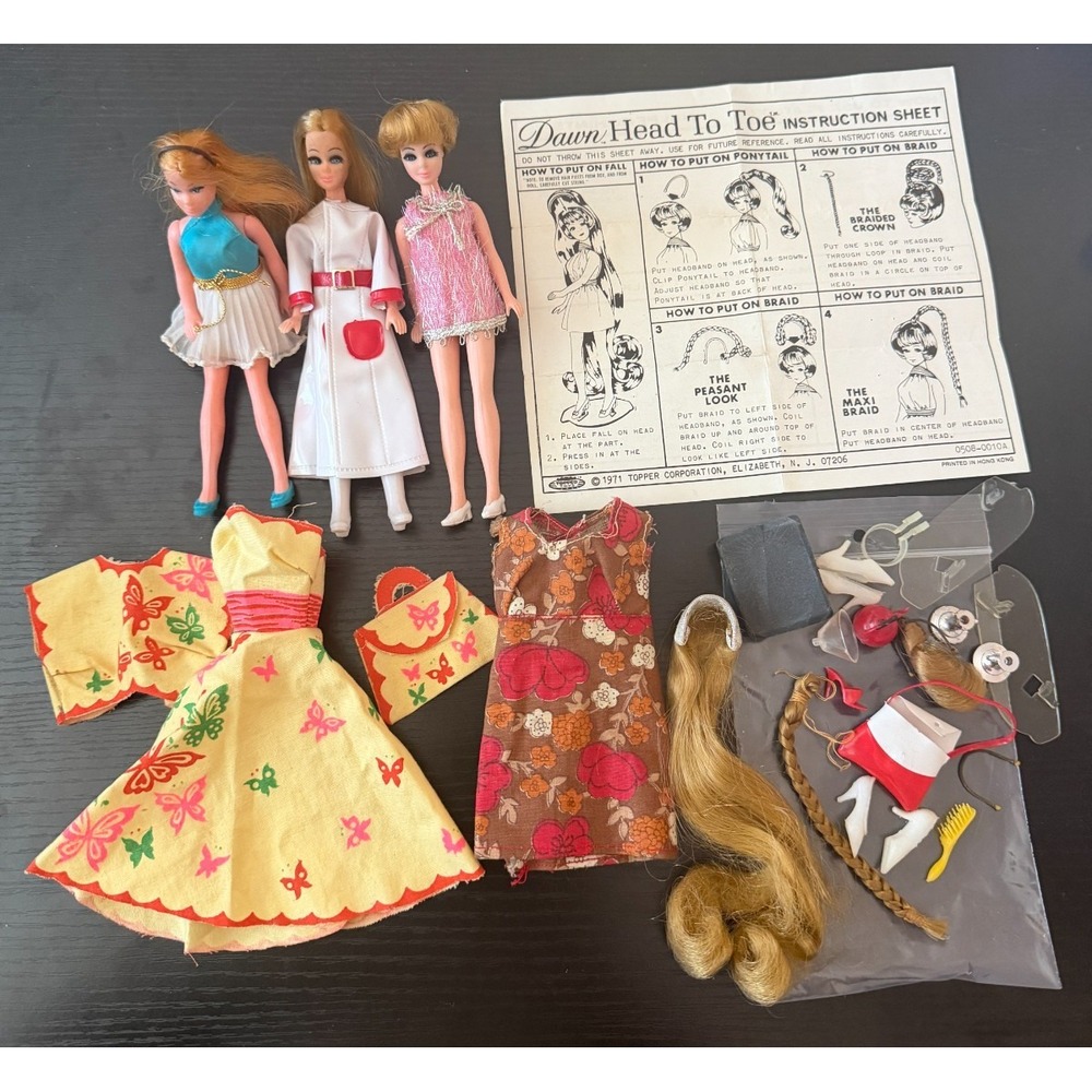 Vintage 1970s Topper Dawn Dolls Lot 3 Clothes Wigs Accessories 1971 Instructions